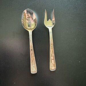 Vintage Silver Berry/ rELisH SerVing Spoon and Fork Set 60s 70s GeoMetric